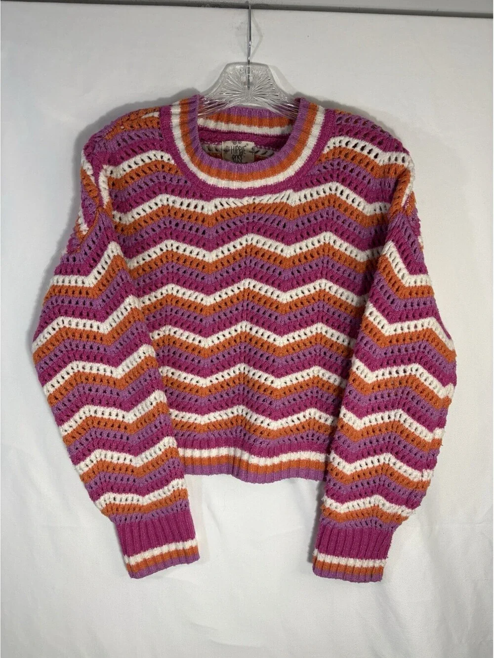 Hippie Rose Sweater Womens M Pink Orange Chevron Crochet Open Knit Boho Cropped
